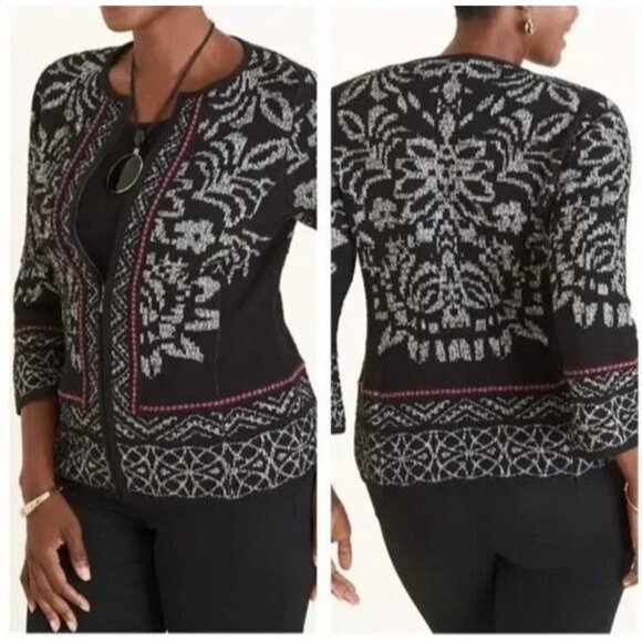 Chicos Black & White Zip Cardigan Jacket Size 2 L‎ - Picture 1 of 9